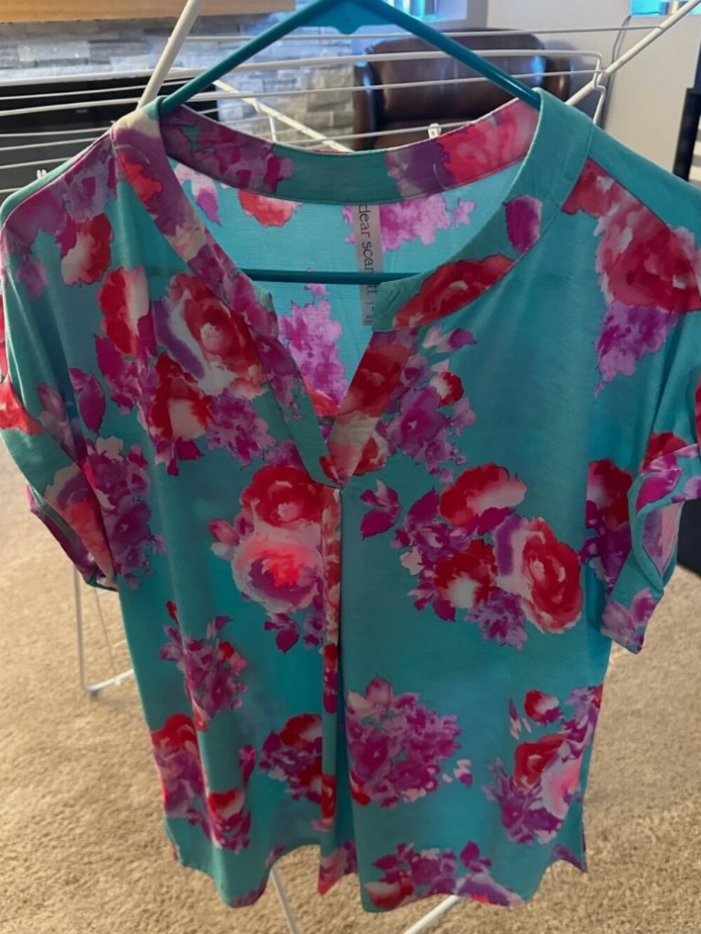 Ladies Dear Scarlett Lizzy Short Sleeve Top- Turquoise & Purple Floral- Large